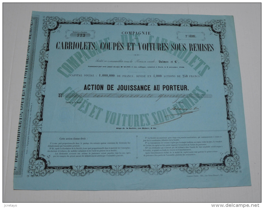 Cabriolets Coupés Et Voitures Sous Remises Salmon Et Cie En 1846 - Automobile