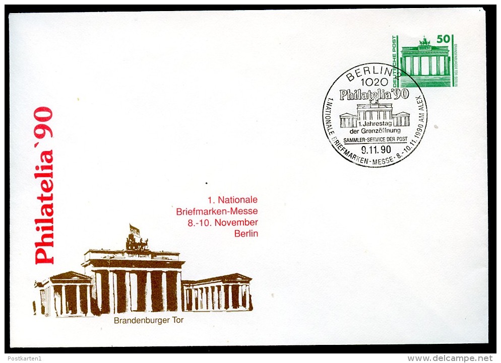 DDR PU17 D2/001-3a Privat-Umschlag PHILATELIA KÖLN Brandenburger Tor Sost.1990  NGK 11,00 € - Privé Briefomslagen - Gebruikt