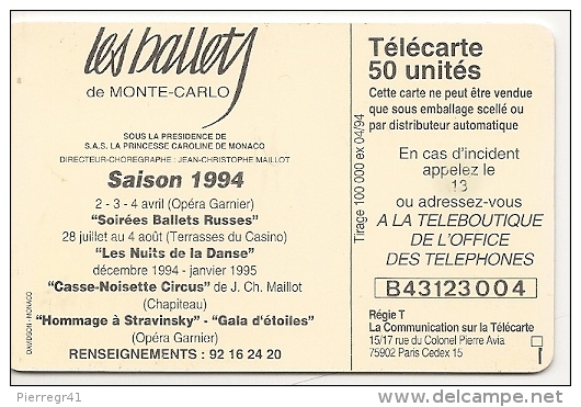 CARTE-PUBLIC-MONACO-50U-MF29-GEM A-04/94-BALLETS De MONTE CARLO-V°2é Logo-UTILISE-BE - Mónaco