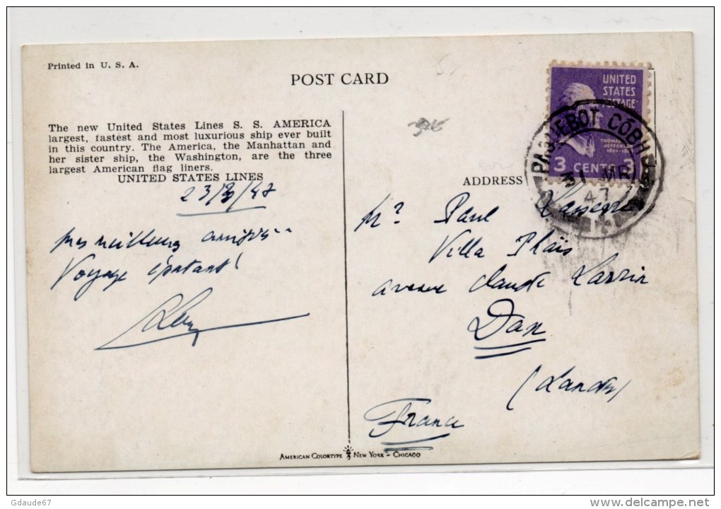 1947 - CP USA Pour DAN (LANDES) Avec CACHET PAQUEBOT COBH - POSTE MARITIME - Poststempel