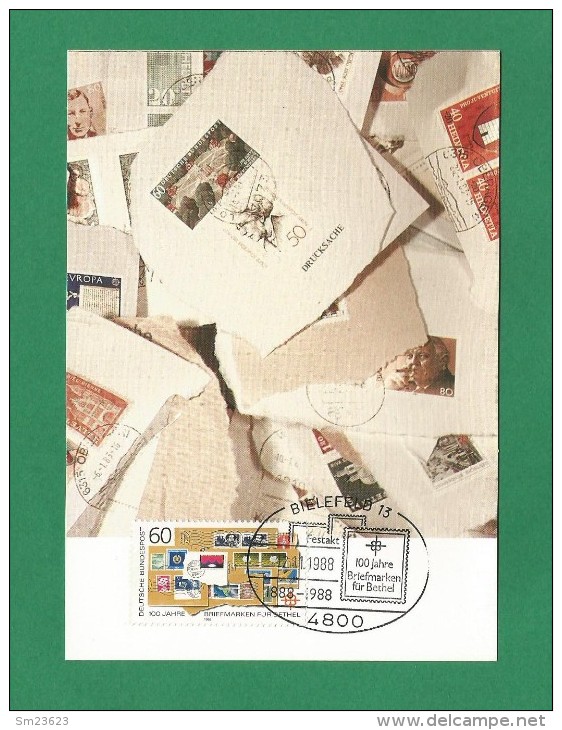 BRD 1988  Mi.Nr. 1395 , 100 Jahre Briefmarken - Maximum Card - SS Bielefeld - Erstausgabe 12.11.1988 - 1981-2000