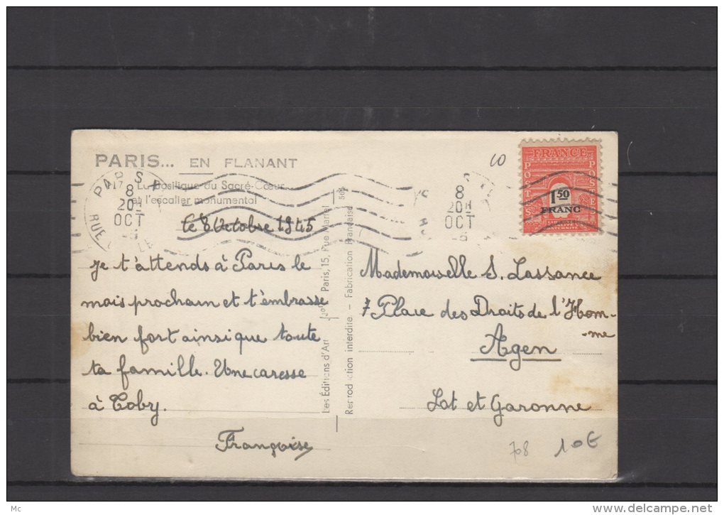 France N° 708 Seul Obli/ Sur Carte Postale - 1945 - 1944-45 Arco Di Trionfo