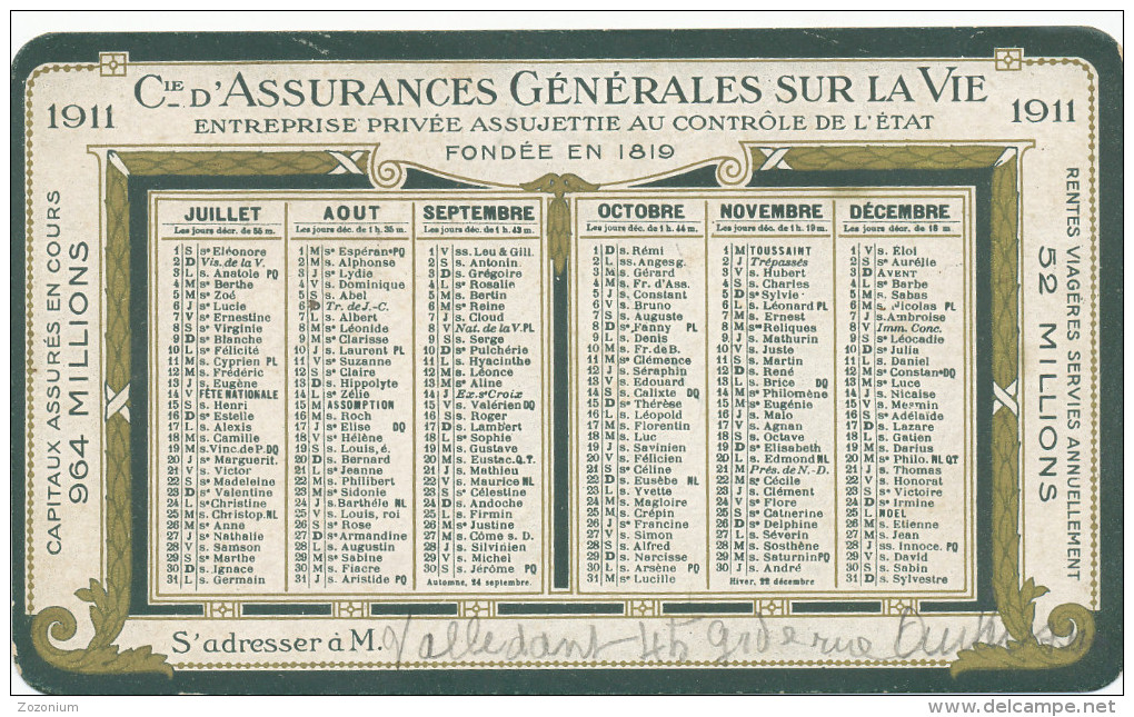 1911 Assurances Generales Sur La Vie, Paris, General Life Insurance, - Vintage Old Pocket Calendar - Formato Piccolo : 1901-20