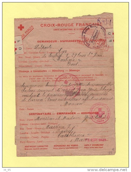 Formule Croix Rouge - Roubaix Nord - Maarif Casablanca Maroc - 1944 - WW II