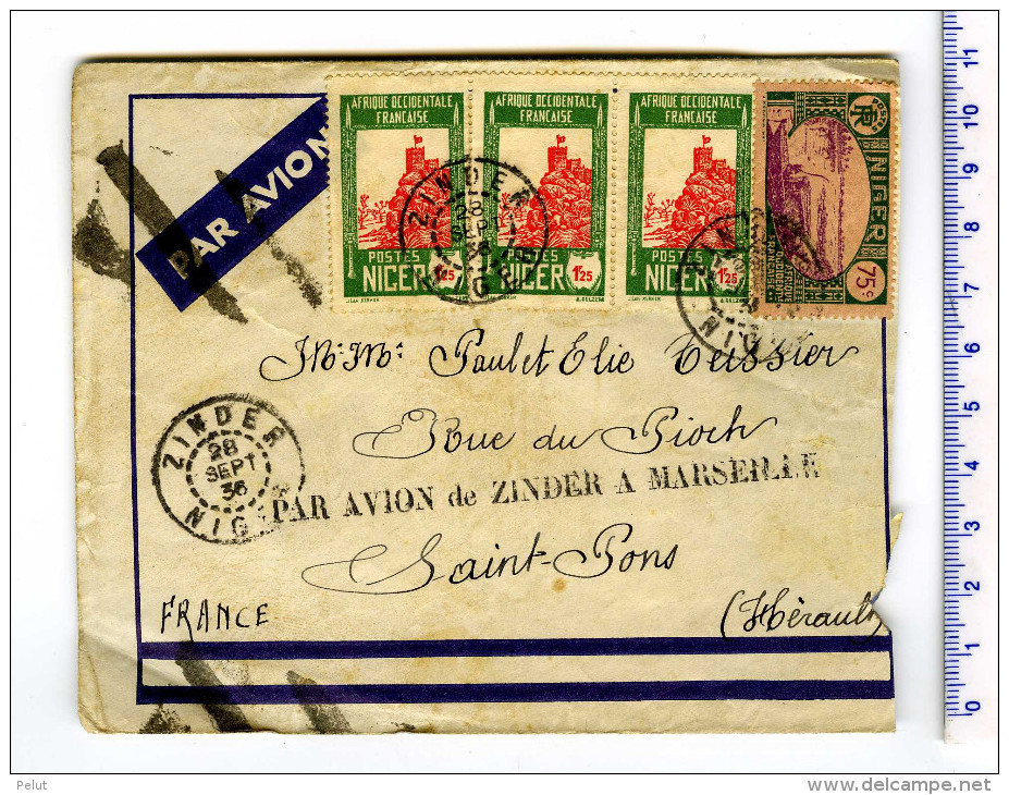 Enveloppe Niger 1936 Griffe "PAR AVION DE ZINDER A MARSEILLE" - Covers & Documents