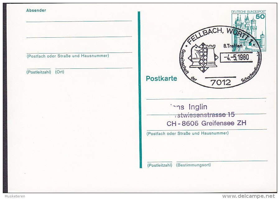 Germany Postal Stationery Ganzsache Entier FELLBACH 1980 Chess Schach Échecs - Cartes Postales - Oblitérées