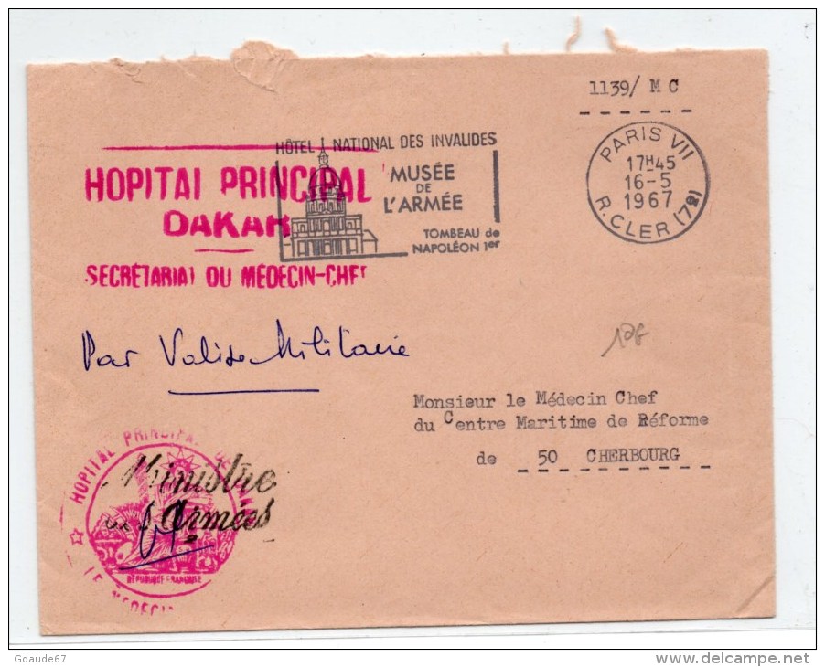 1967 - ENVELOPPE PAR VALISE MILITAIRE Avec CACHET "HOPITAL PRINCIPAL DAKAR" - Militärstempel Ab 1900 (ausser Kriegszeiten)