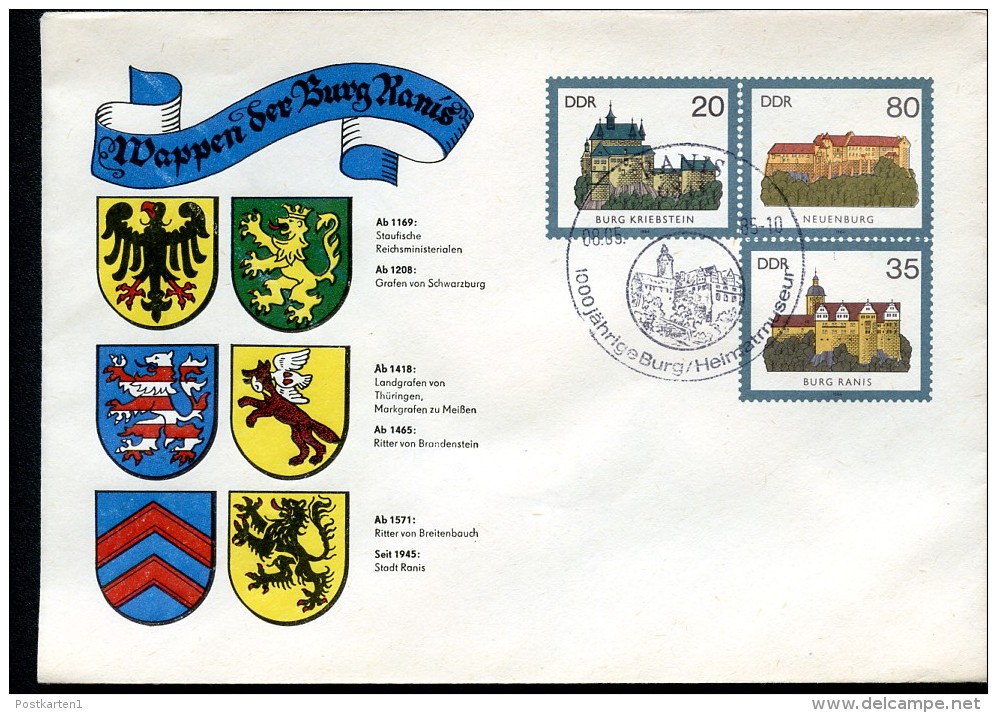 DDR U1-1-85 C2 UMSCHLAG Burgen Der DDR ZUDRUCK WAPPEN RANIS Sost. 1985  NGK 22,00 € - Enveloppes Privées - Oblitérées