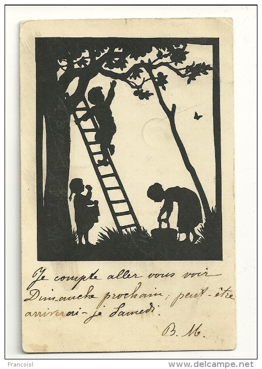 Silhouettes. Enfants Qui Cueillent Des Fruits, échelle. Anna Schirmer. 1902 - Silhouette - Scissor-type