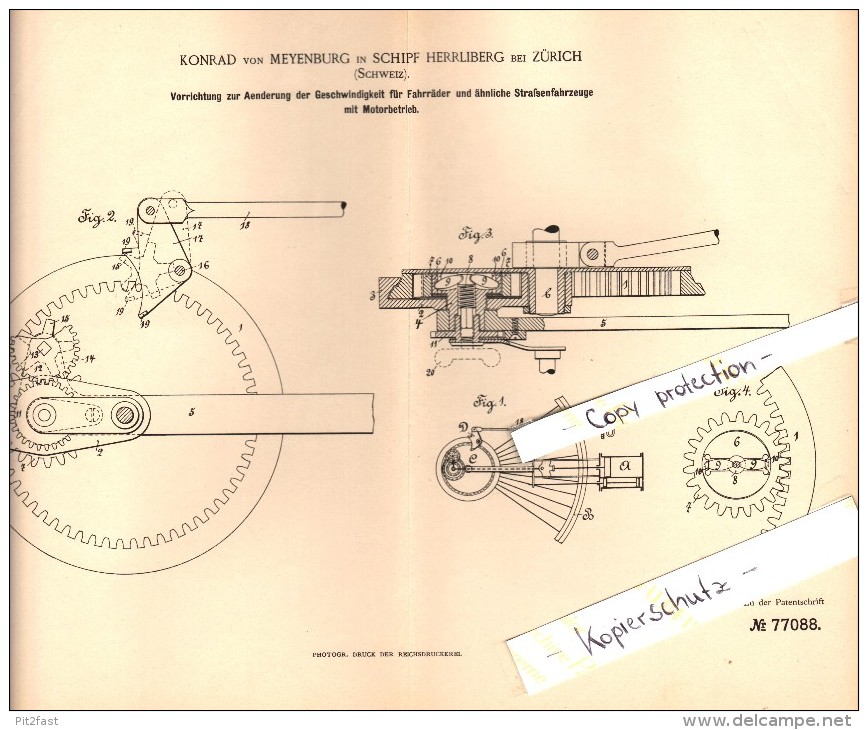 Original Patent - Konrad Von Meyenburg In Schipf Herrliberg B. Zürich , 1893, Geschwindigkeitsapparat Für Motorfahrzeuge - Herrliberg