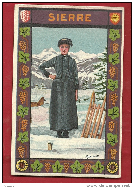 EAV-07  Sierre, Femme En Costume, Luge Davos. Litho.  Imprimerie Fiorina Pellet Sion - Sierre