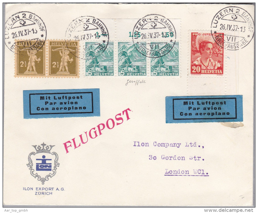 Schweiz Flugpost 1937-04-26 Luzern 2 Brief Nach London - First Flight Covers