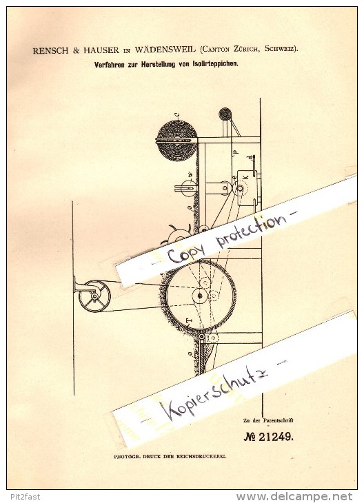 Original Patent - Rensch & Hauser In Wädenswil , 1882 , Herstellung Von Isolierteppichen , Wolle , Zürich !!! - Wädenswil