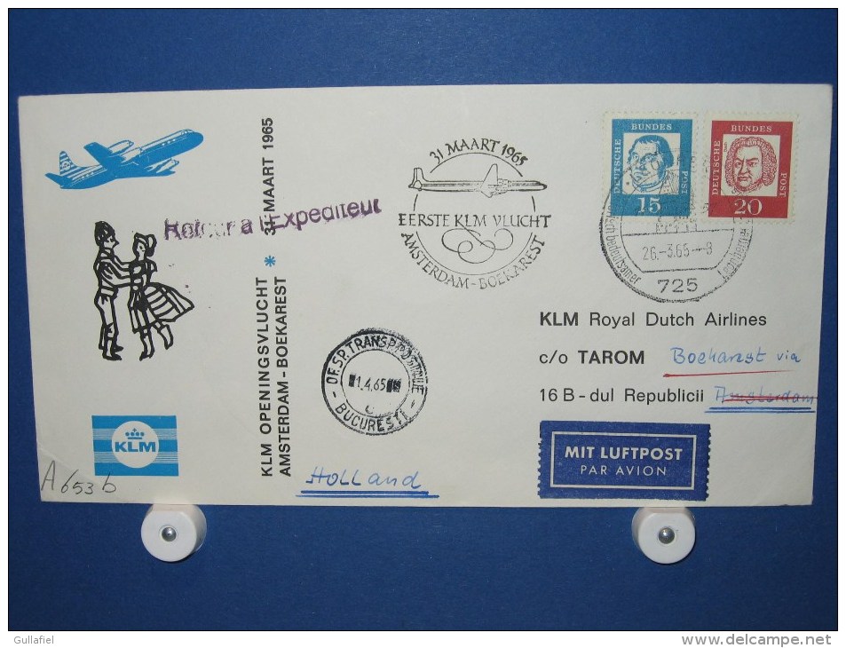 FFC First Flight 257 Amsterdam - Bucharest Roemenie 1965 - A653b (nr.Cat DVH) - Lettres & Documents