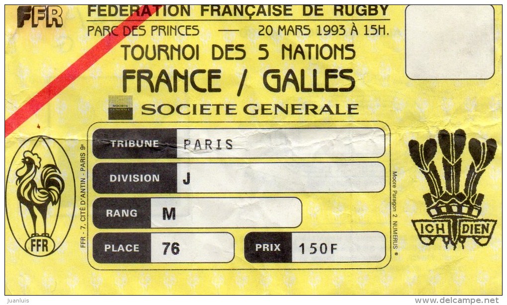 Billet FRANCE GALLES PARC DES PRINCES 1993 - Rugby