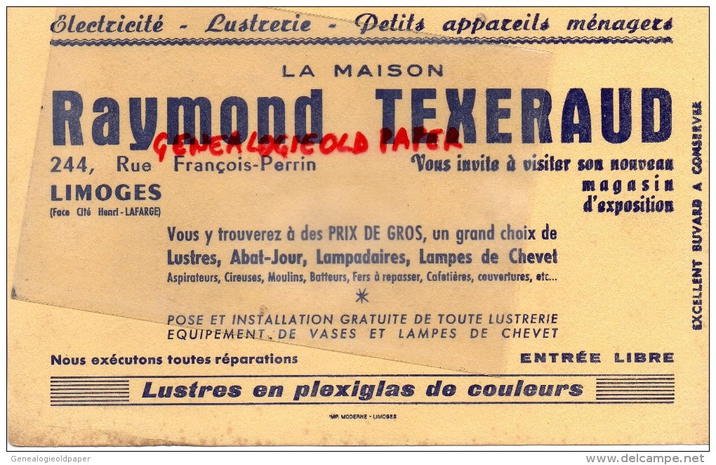 87 - LIMOGES - BUVARD RAYMOND TEXERAUD- 244 RUE FRANCOIS PERRIN- ELECTRICITE - LUSTRERIE - Electricité & Gaz