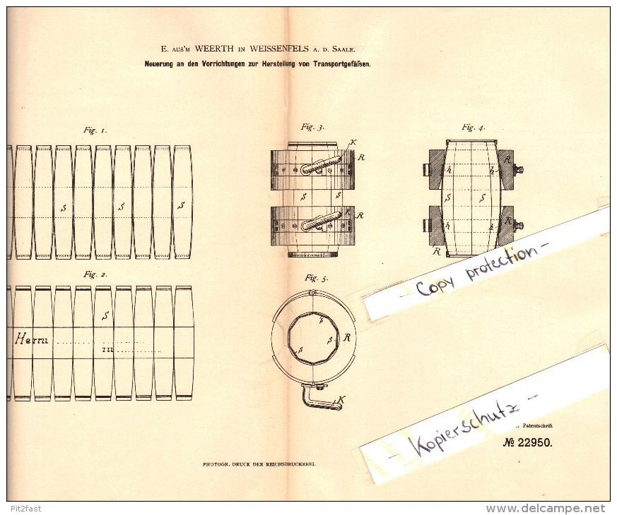 Original Patent - Ernst Aus’m Weerth In Weißenfels A. Saale , 1882 , Herstellung Von Transportgefäßen !!! - Weissenfels