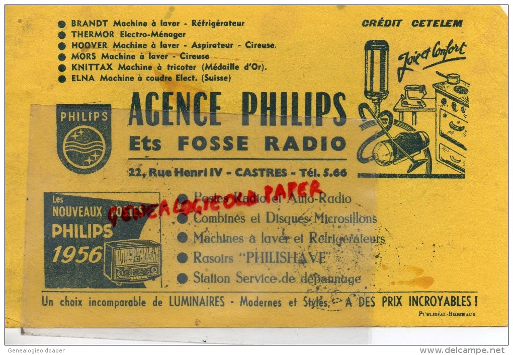 81 - CASTRES -  BUVARD AGENCE PHILIPS - ETS FOSSE RADIO- 22 RUE HENRI IV- CREDIT CETELEM- BRANDT- HOOVER- 1956 - Elektriciteit En Gas