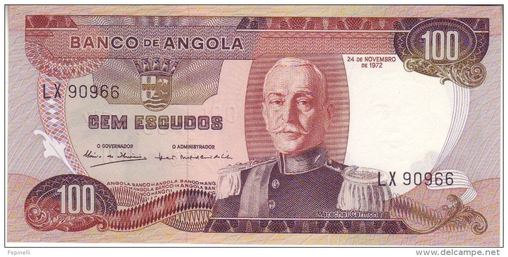 ANGOLA  100 Escudos  BANKNOTE  " M. Carmona At Right  "   P101  24.11.1972   UNC - Angola