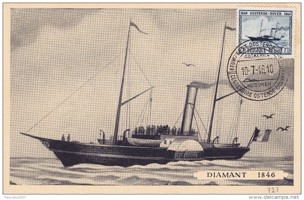 C01-189 - Belgique CM - Carte Maximum  Du 10-7-1946 - COB 727 - Cachet De Hoboken - Ostende Douvres - Série Bateau - Dia - 1934-1951