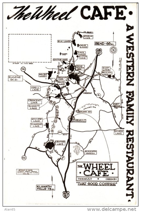 Chemult Oregon, Speed-o-Map For The Wheel Restaurant, Interior View, Auto, Map On Back, C1950s Vintage Postcard - Otros & Sin Clasificación