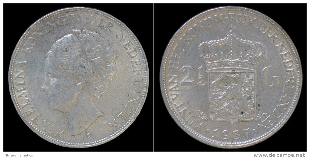 Netherlands Wilhelmina I 2 1/2 Gulden(rijksdaalder)1937 - 2 1/2 Gulden