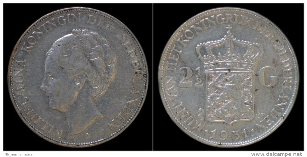 Netherlands Wilhelmina I 2 1/2 Gulden(rijksdaalder)1931 - 2 1/2 Gulden