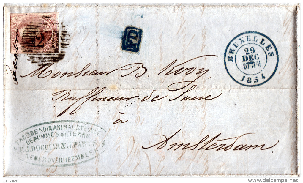 BELGIUM  1854  LETTER  40 C SINGLE USE To HOLLAND VERY CLEAN COMPLETE LETTER - 1851-1857 Médaillons (6/8)