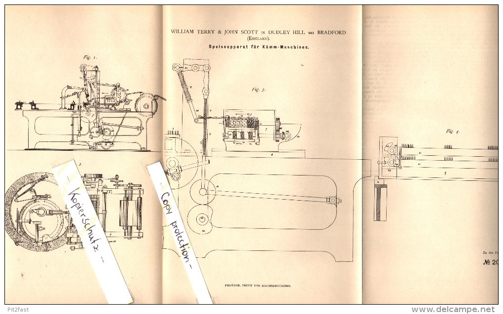 Original Patent - William Terry & John Scott In Dudley Hill Near Bradford , 1881 , Machine For Spinning !!! - Bradford