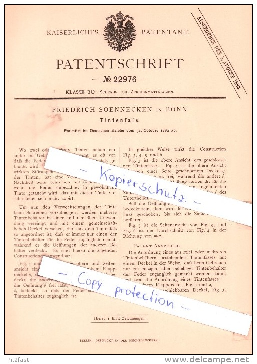 Original Patent - Friedrich Soennecken In Bonn , 1882 , Tintenfaß !!! - Inkwells