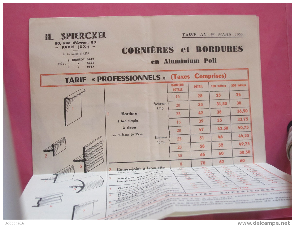 Tarifs Cornières Et Bordures - Matière Plastique Profilée - H. SPIERCKEL - 80 Rue D'Avron - Paris 20ème - Materiale E Accessori