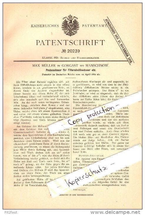 Original Patent - Max Müller In Gorgast B. Manschnow ,1882, Probenehmer Für Süßwasserfilter , Küstriner Vorland , Golzow - Golzow