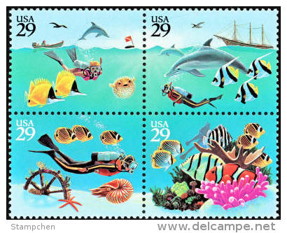 1994 USA Wonders Of The Sea Stamps Sc#2863-66 2866a Fish Ship Shell Bird Diving Ocean - Immersione