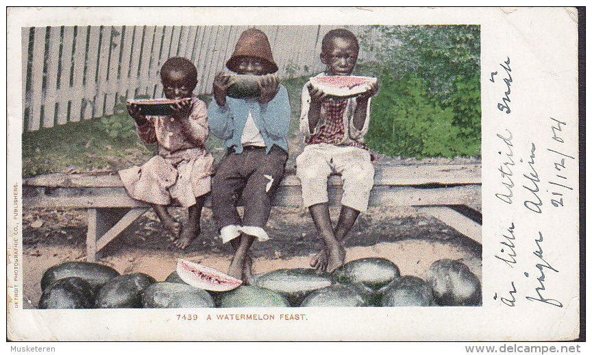 United States CPA Black Americana (7439) A Watermelon Feast Detroit Photo Co., NEW ORLEANS 1904 LONDON England (2 Scans) - Black Americana