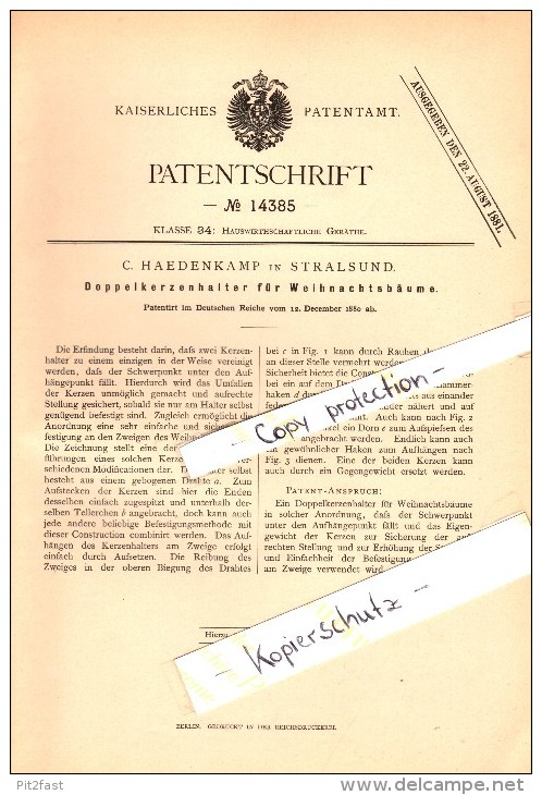 Original Patent - C. Haedenkamp In Stralsund , 1880 , Doppelkerzenhalter Für Weihnachtsbäume , Weihnachten !!! - Stralsund