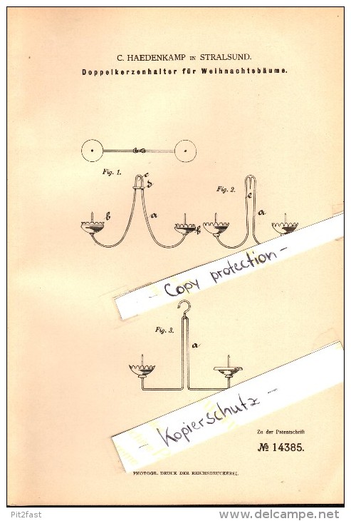 Original Patent - C. Haedenkamp In Stralsund , 1880 , Doppelkerzenhalter Für Weihnachtsbäume , Weihnachten !!! - Stralsund