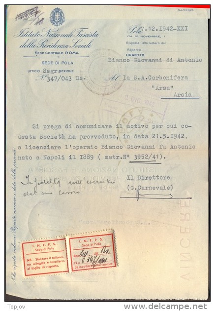 ITALIA - CROATIA - CERTIFICATO ISTITUTO FASCISTA - Comune Di POLA - Risposta Bolo - Complet. - 1942 - RARE - Fiscale Zegels