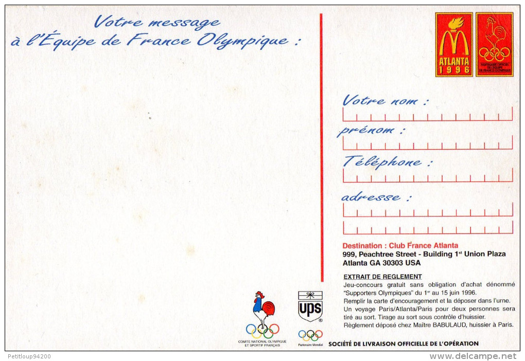 CARTE POSTALE  JEUX OLYMPIQUES/CONCORDE/mcDonald's  Atlanta  1996 - Jeux Olympiques