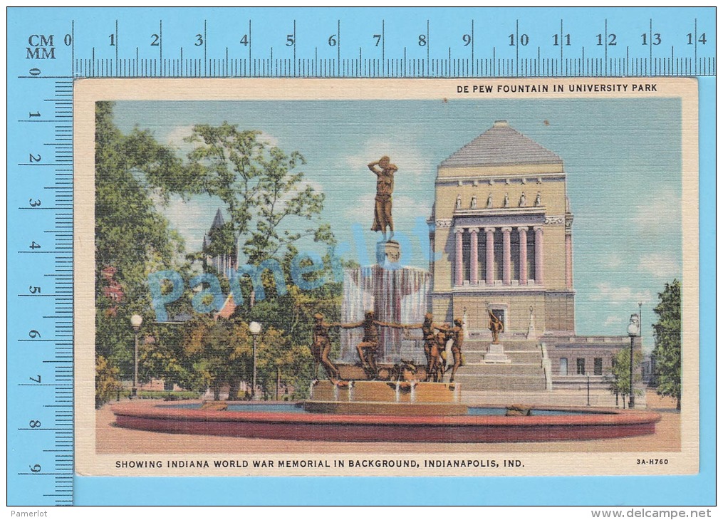 CPSM, Indiana (  De Pew Fountain In University Park, + Indiana World War Memorial ) Linen Postcard Recto/Verso - Indianapolis