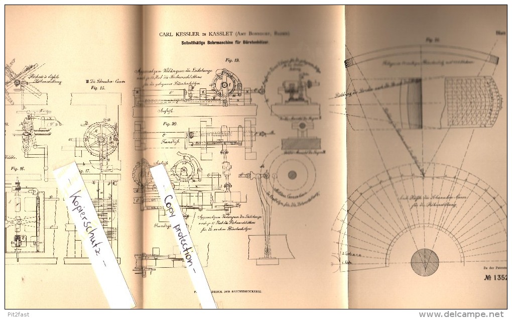 Original Patent - Carl Kessler In Kaßlet B. Bonndorf Im Schwarzwald , 1880 , Selbsttätige Bohrmaschine Für Bürsten !!! - Bonndorf