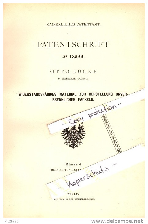 Original Patent - Otto Lücke In Hadamar , Nassau , 1880 , Unverbrennliche Fackeln !!! - Hadamar