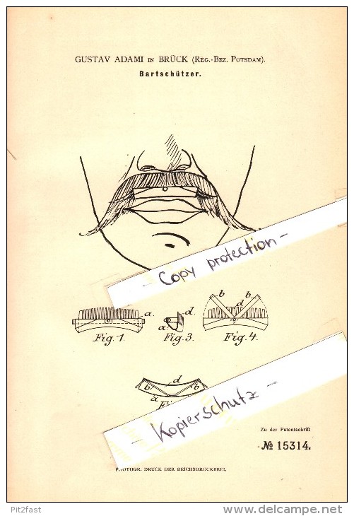 Original Patent - Gustav Adami In Brück B. Potsdam , 1881 , Bartschützer , Bart !!! - Brueck