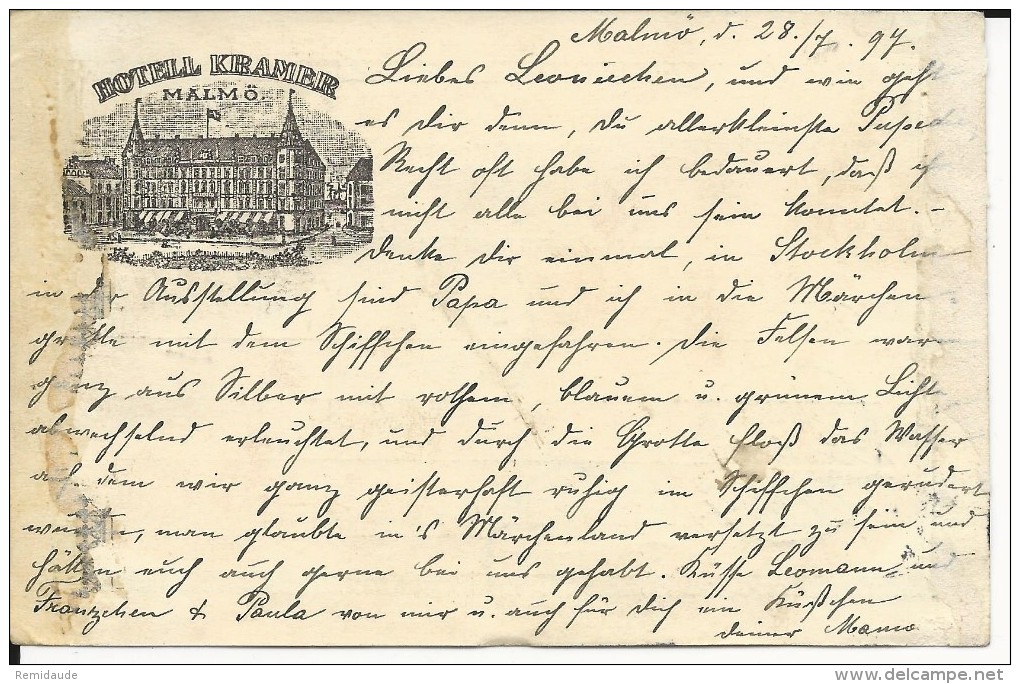 SUEDE - 1897 - CARTE ENTIER Avec RARE REPIQUAGE Au DOS HOTEL KRAMER De MALMÖ Avec CACHET MARITIME Pour AACHEN - Briefe U. Dokumente