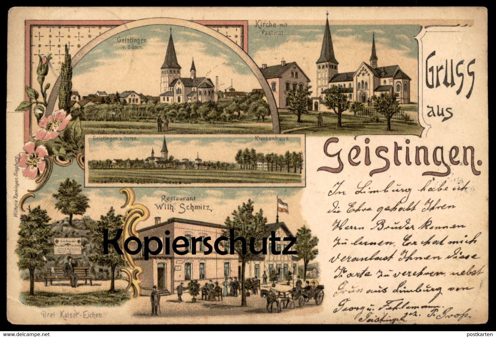 ALTE LITHO POSTKARTE GRUSS AUS GEISTINGEN HENNEF RESTAURANT WILHELM SCHMITZ KRANKENHAUS PASTORAT DREI KAISER EICHE AK - Hennef