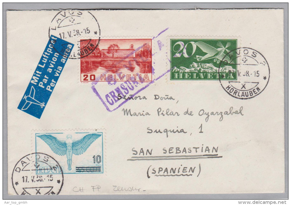 Schweiz Flugpost 1938-05-17 Davos 2 Luftpost Zensur Brief Nach San Sebastian Spanien - Eerste Vluchten