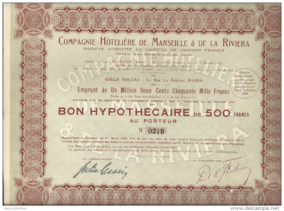 C. HOTELIERE DE MARSEILLE ET DE LA RIVIERA . 80FR - Tourism