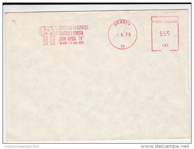 14402- SOCCER, PHILATELIC EXHIBITION, BRASOV, AMOUNT 0.55, RED MACHINE STAMPS ON COVER, 1978, ROMANIA - Covers & Documents