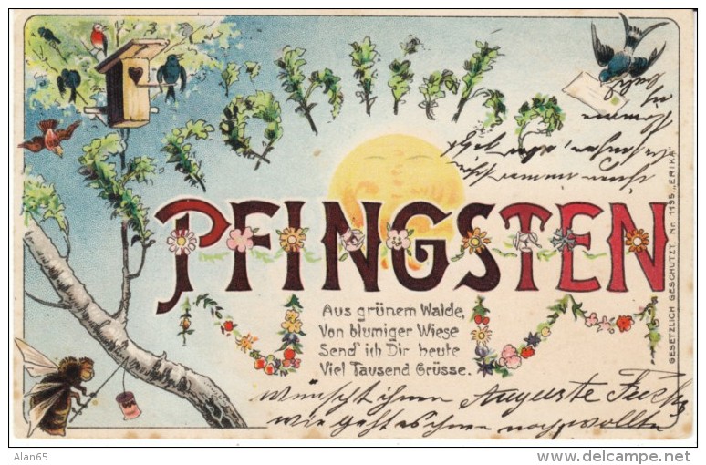 Frohliche Pfignsten Happy Pentecost, Birds Bee, C1900s Vintage Postcard - Pentecost