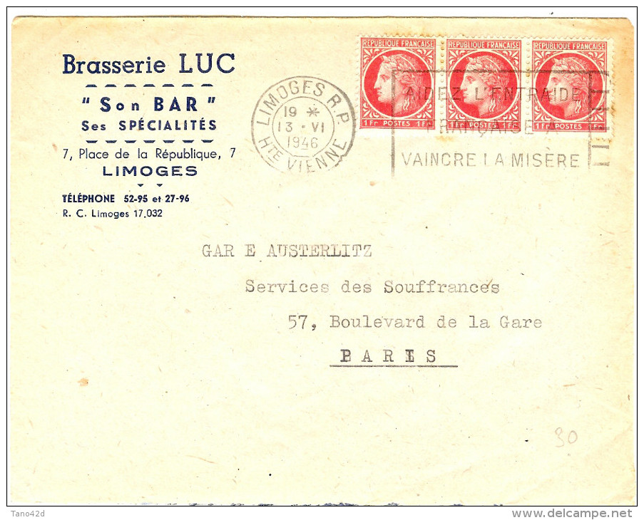 LGM FRANCE - MAZELIN 1fx3 SUR LETTRE LIMOGES/PARIS 13/6/1946 AU TARIF DU 2/1/1946  THEME BRASSERIE BIERE - 1945-47 Cérès De Mazelin