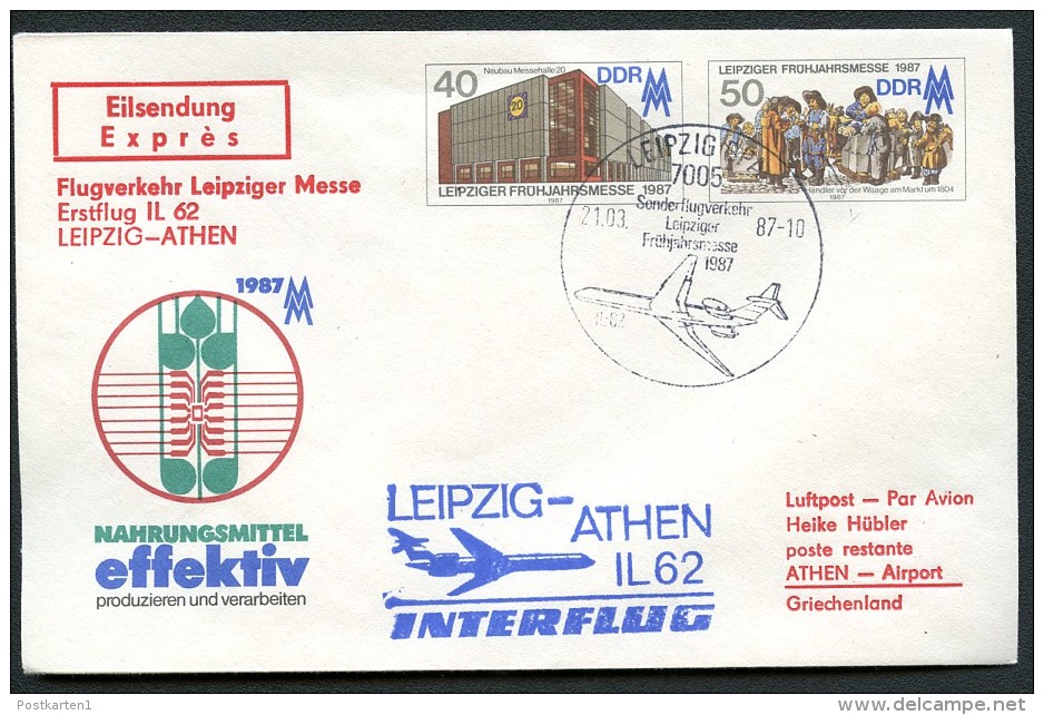 DDR U6-1-87 C1 Umschlag ZUDRUCK INTERFLUG Leipzig-Athen Gebraucht 1987  NGK 11,00 € - Privatumschläge - Gebraucht